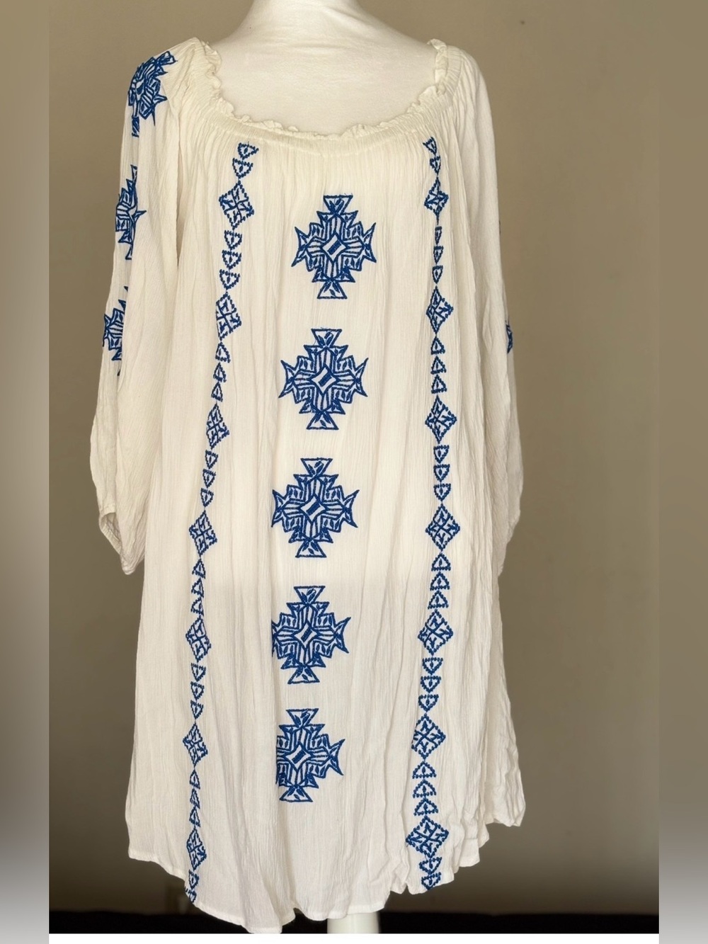 Blue  island White Midi Dress with Blue Embroidery
